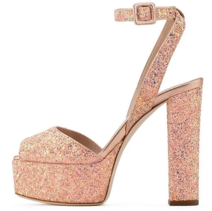 

Solid Chunky Heel High Platform Sandals Peep Toe Back Strap Buckle Patent Glitter Leather Dress Woman Shoes Summer Party Da