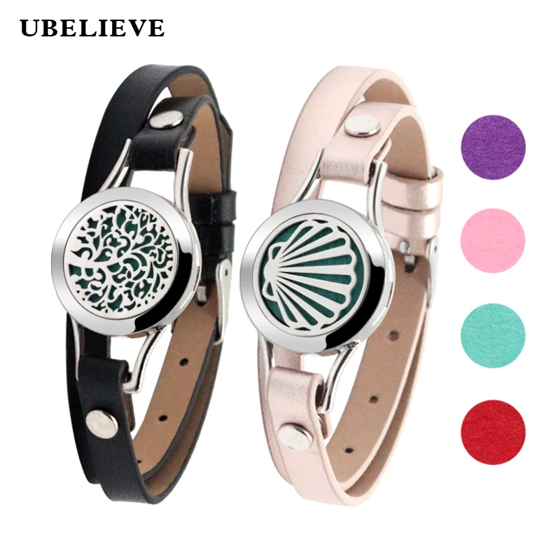 

UBELIEVE Retro Charm Bracelet Rose Gold Bangle 316L Stainless Steel Leather Bracelet Aromatherapy Essential Oil Diffuser Locket