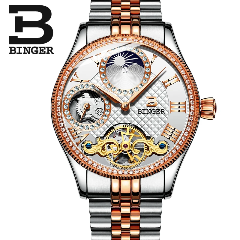 Luxury Rose Gold Men Tourbillon Watches Self Winding Mechanical Full Steel Watch Businessmen Crystal Wrist watch Moon Phase 3Bar | Наручные