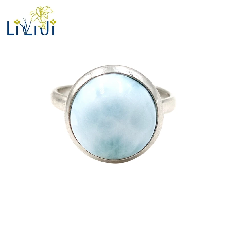 LiiJi драгоценный камень натуральный Caribbean Blue Larimar 925 пробы Серебряная круглой формы Винтажное кольцо с регулируемым размером для мужчин и женщин