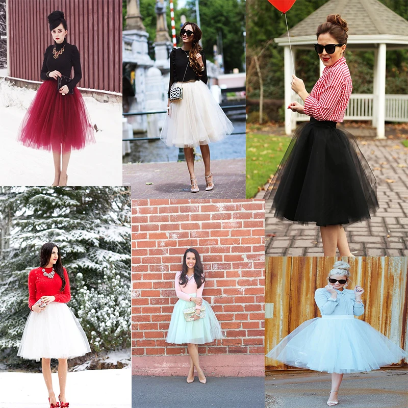 

7 Layers 60cm Women Midi Tulle Skirt Pleated Dance Euro Style Tutu Skirts Womens Lolita Petticoat Jupe Saia faldas Party Skirts