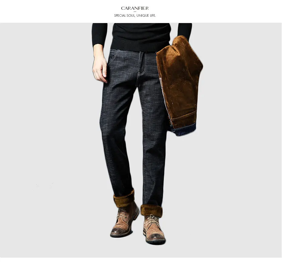 CARANFIER 2pcs New Men's Winter Brand Jeans Warm Slim Fit Denim Pants Male Balck Blue Thicken Trousers Jeans Big Size 44 46