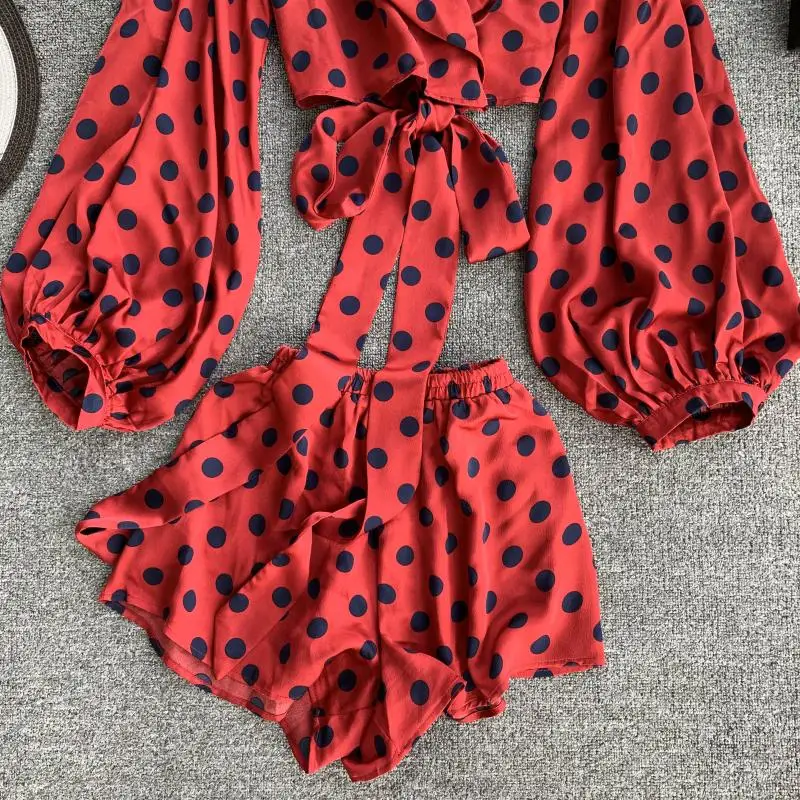 2019 Новый Модный женский комплект из двух предметов в горошек с v-образным вырезом