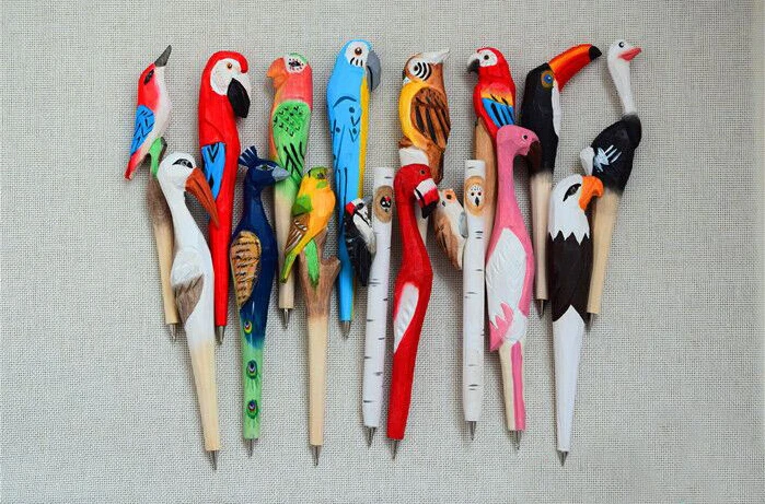

100pcs Handmade Ballpoint Pen Lovely Artificial Wood Carving Animal ball pen Creative Arts blue pens 2016 gift New many color