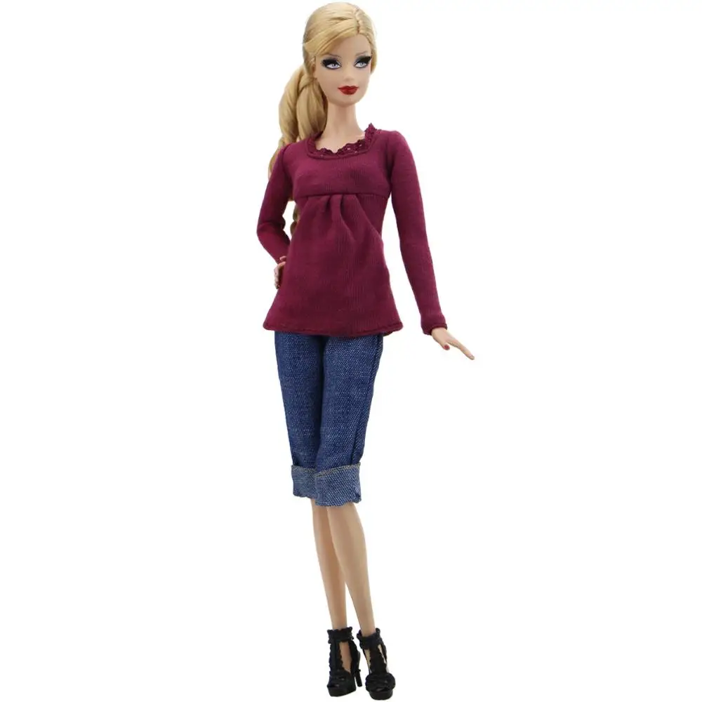 1 Set Fashion Winter Lady Outfit Red Blouse Scarf Cap Jeans Trousers Handbag Shoes Clothes For Barbie Doll Accessories DIY Toy | Игрушки и