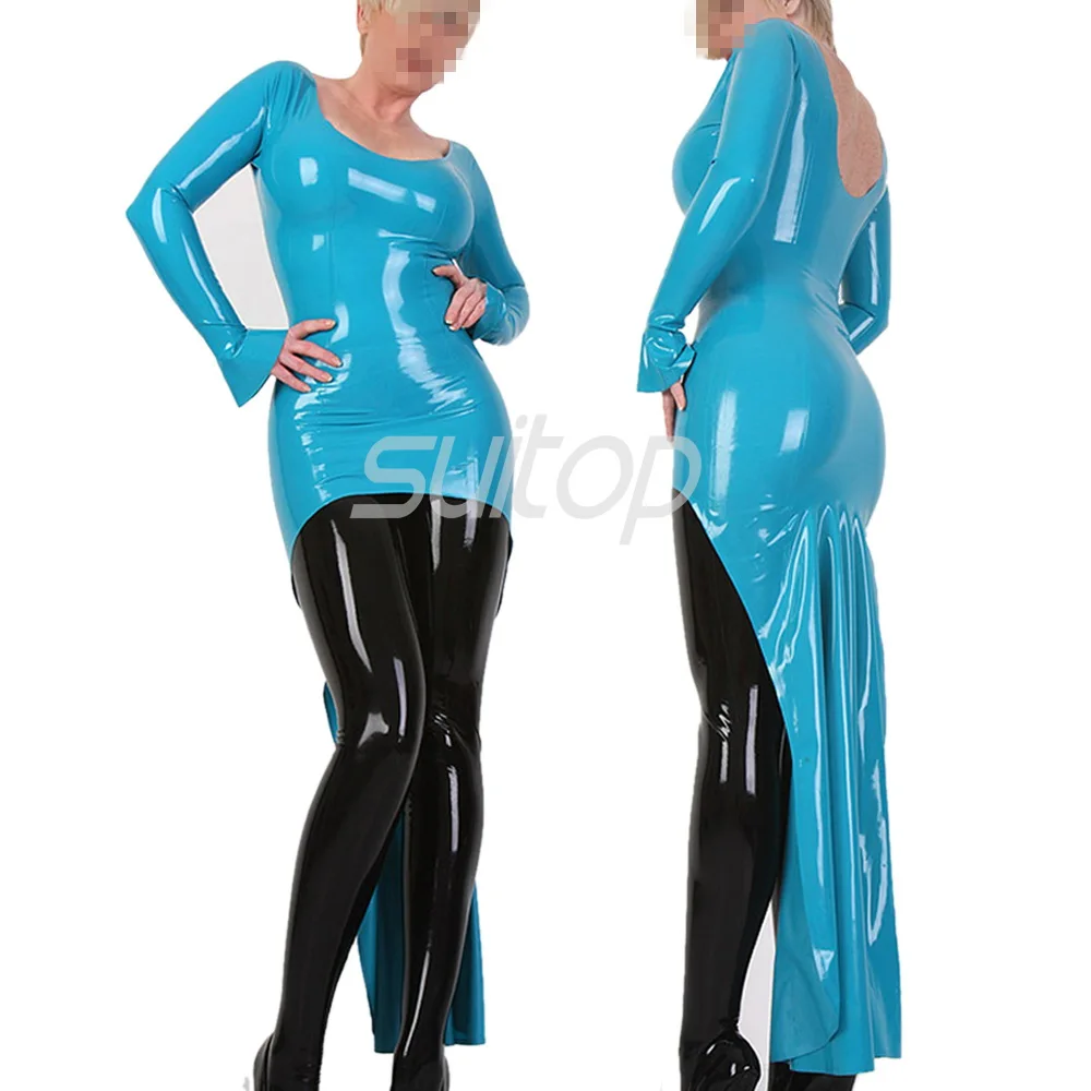 Latex Rubber mermaid Dress sexy club long dresses  longuette blue color eveningwear evening clothes