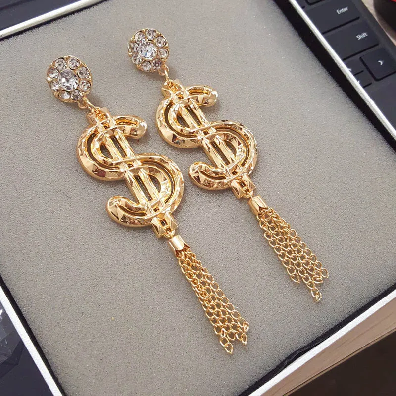 Earring Длинные серьги с кисточками в виде буквы доллара для ночного клуба, женские золотые серьги в стиле хип-хоп, ювелирные изделия E19083 - Окраска металла: Earring