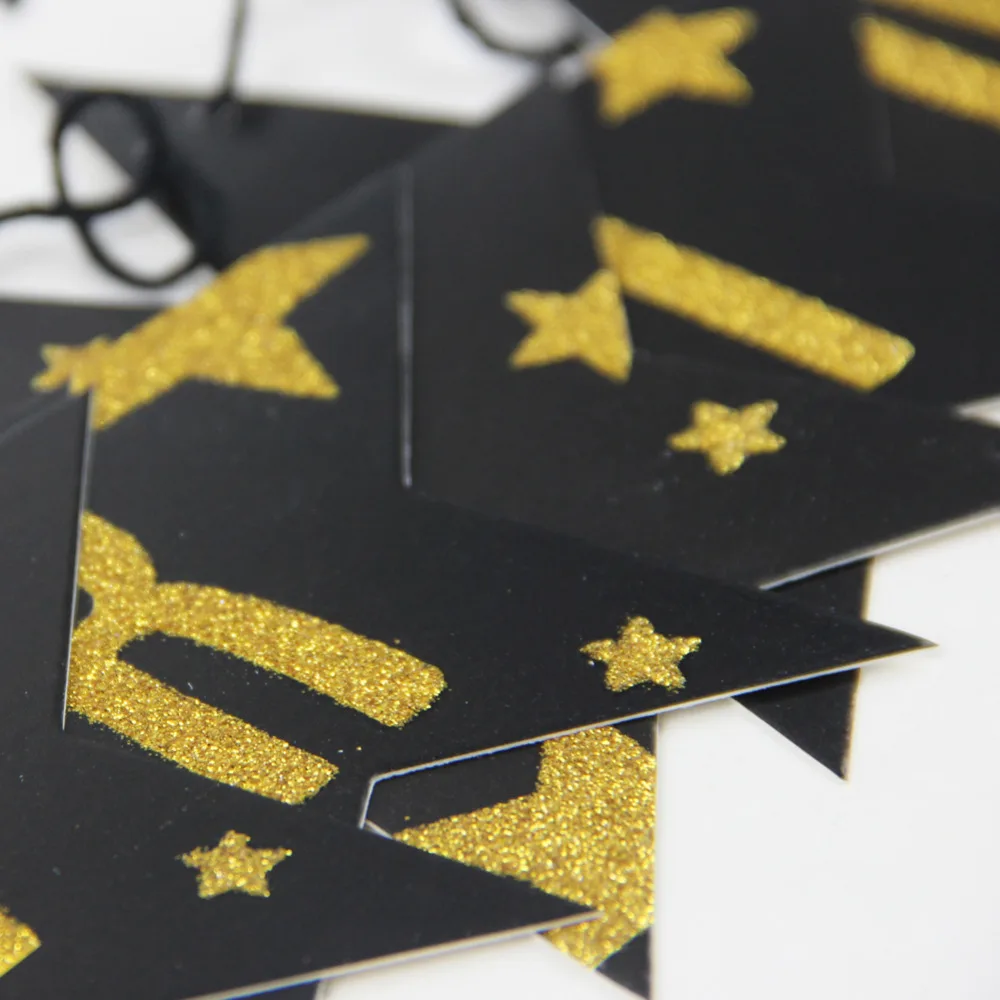 Black and Gold Glitter Star Happy Birthday Paper Banner Bunting Garland for Kids Party Hanging Decorations Crafts | Дом и сад