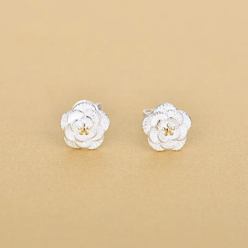 

Fashion Women Layer Rose Flower Silver Color Stud Earrings For Birthday Jewelry Gifts