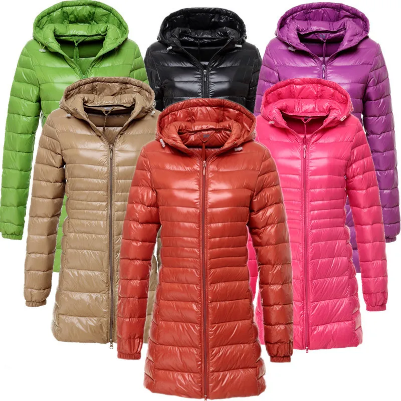 

2016 new arrival autumn winter hooded slim long down jacket women slim ultra-thin weight light white duck down coat outerwear