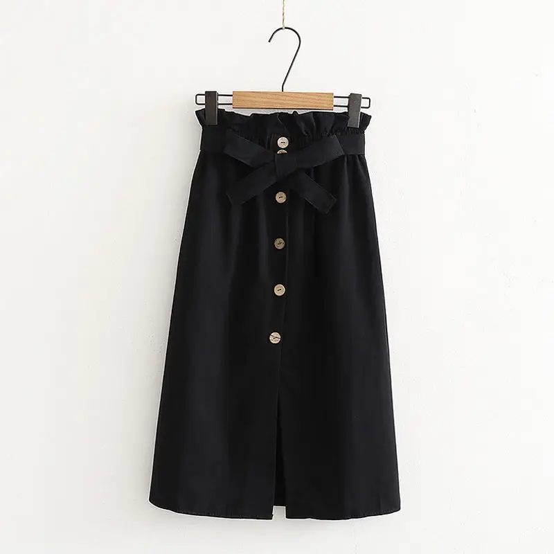 

Korean Pleated School Skirt 2019 Summer Autumn Skirts Midi Knee Length High Waist Button Skirt Elegant Female Skirt