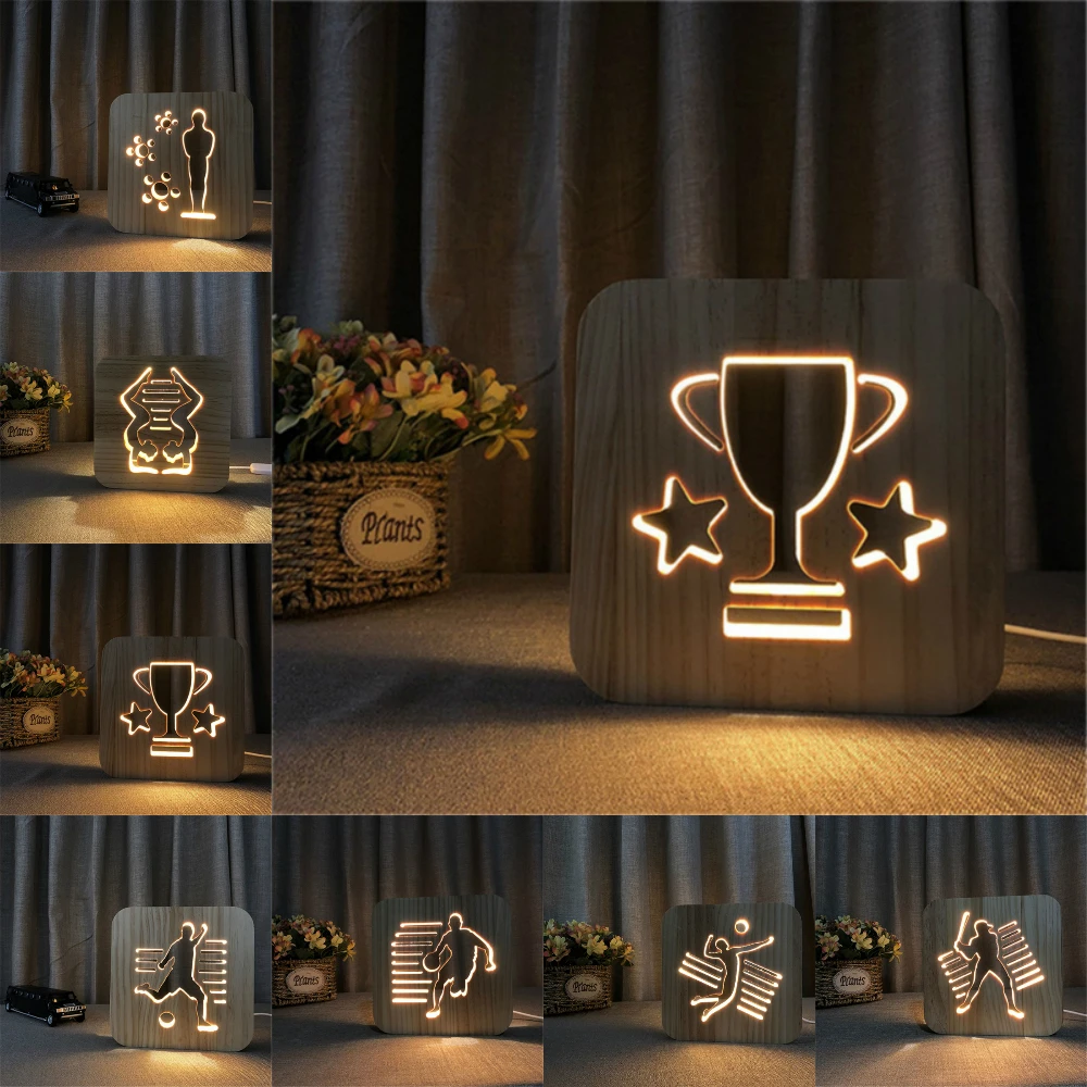 Деревянные спортивные 3D Ночной светильник DIY Настроить лампа Футбол Баскетбол