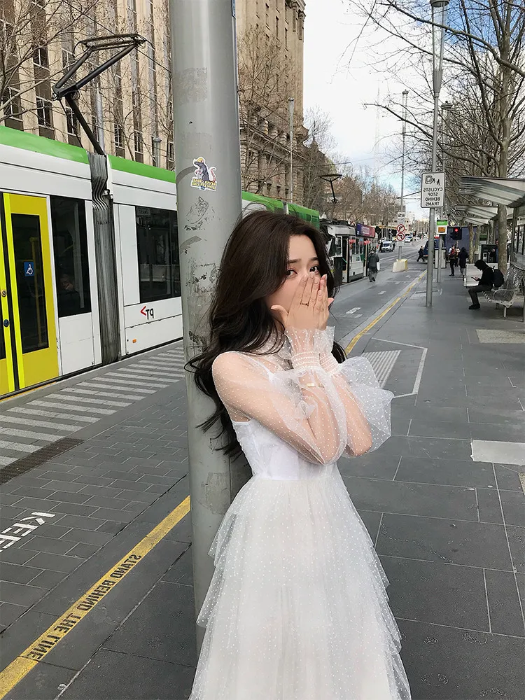 Осень 2018 новое нижнее платье Фея нежный ветер фонарь рукав экран уход машина торт