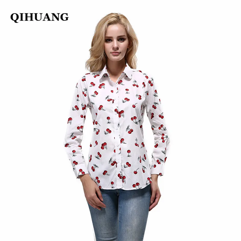 QIHUANG 2019 Fashion Women Blouse Cotton Cherry Print Long Sleeve Whiter Shirt Plus Size 5XL Tops and Blouses Streetwear | Женская