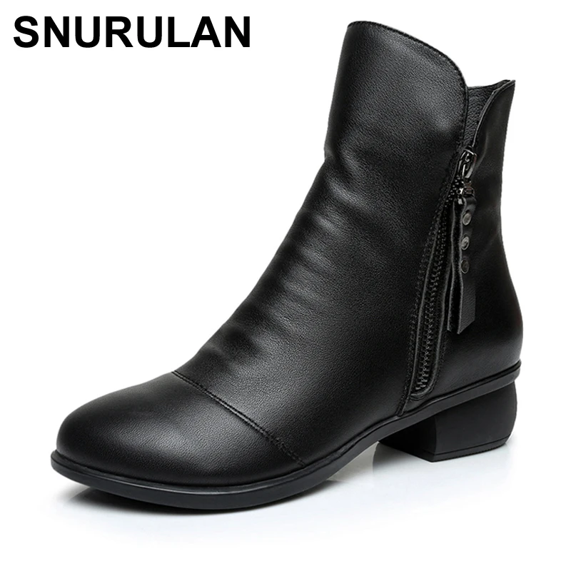 

SNURULAN2018 Fashion Genuine Leather W Boots Ankle Boots Female Mid Heels Platform Comfortable Spring Autumn Shoes PlusSize E047