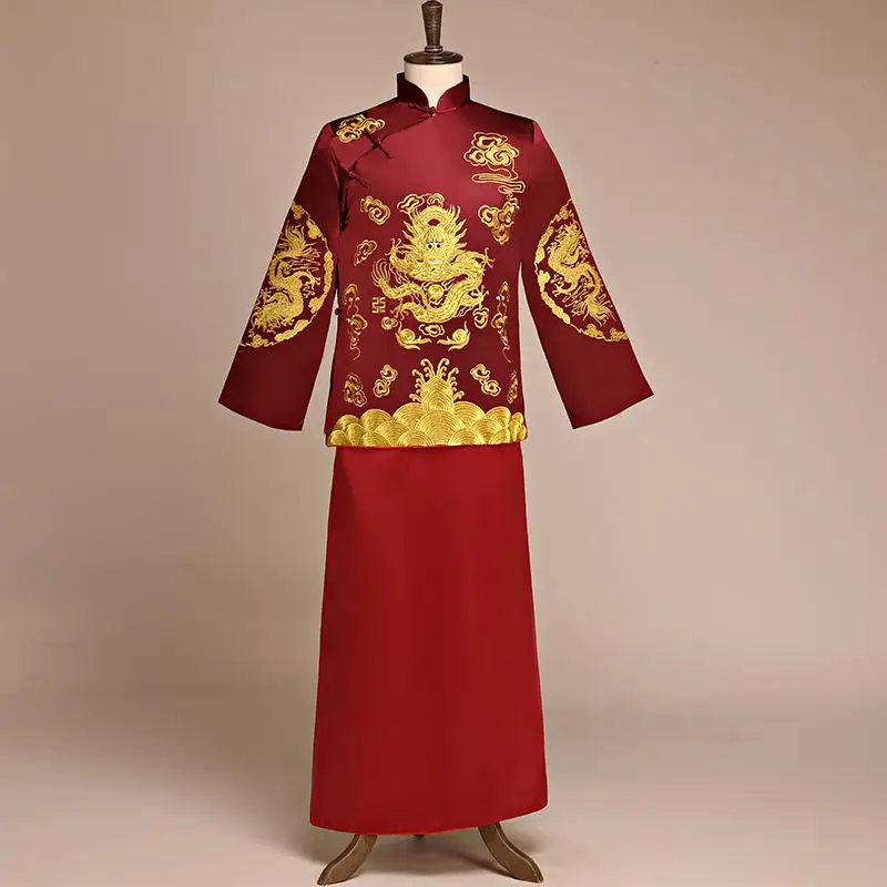 Высокое качество Мужская Свадебная одежда Тан 2 шт. топ и юбка Hanfu Китайская традиционная вышивка дракон Жених Свадебный костюм - Цвет: Claret Dragon Suit G