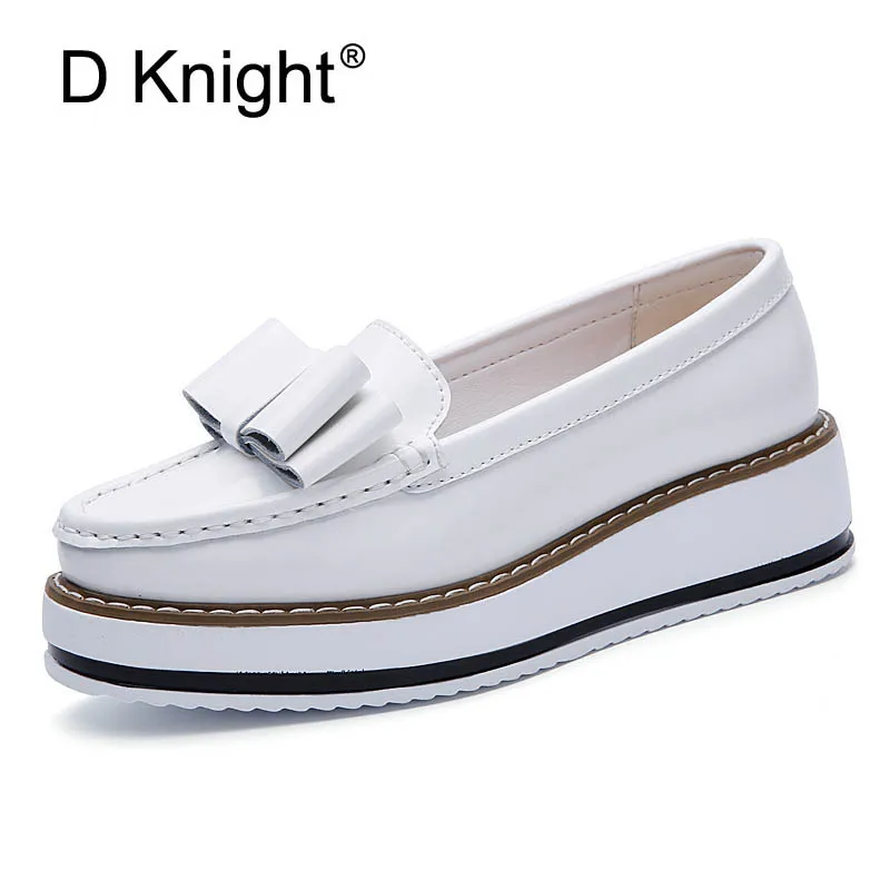 Bowtie Split Leather Oxfords Casual Flat Platform Loafers Brogue Shoes Woman Slip On Flats Vintage Women Creepers | Обувь