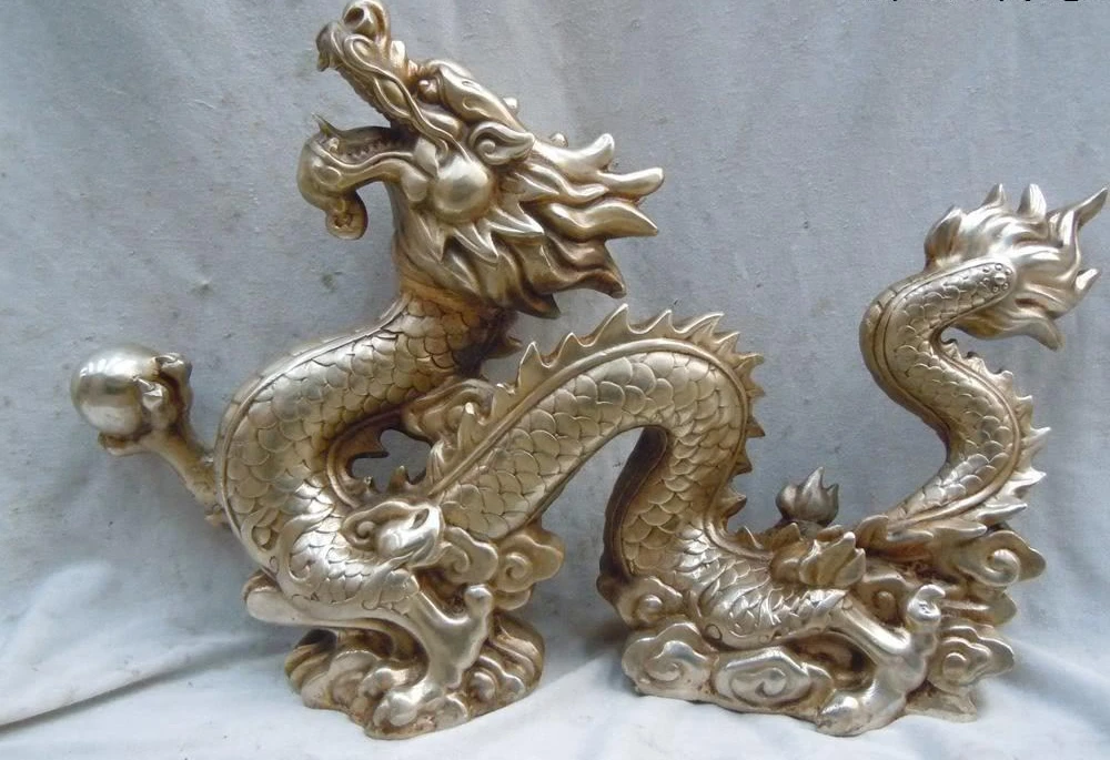 12 &quotКитай серебряный резной красиво Дракон Удачи Играть бисера скульптура