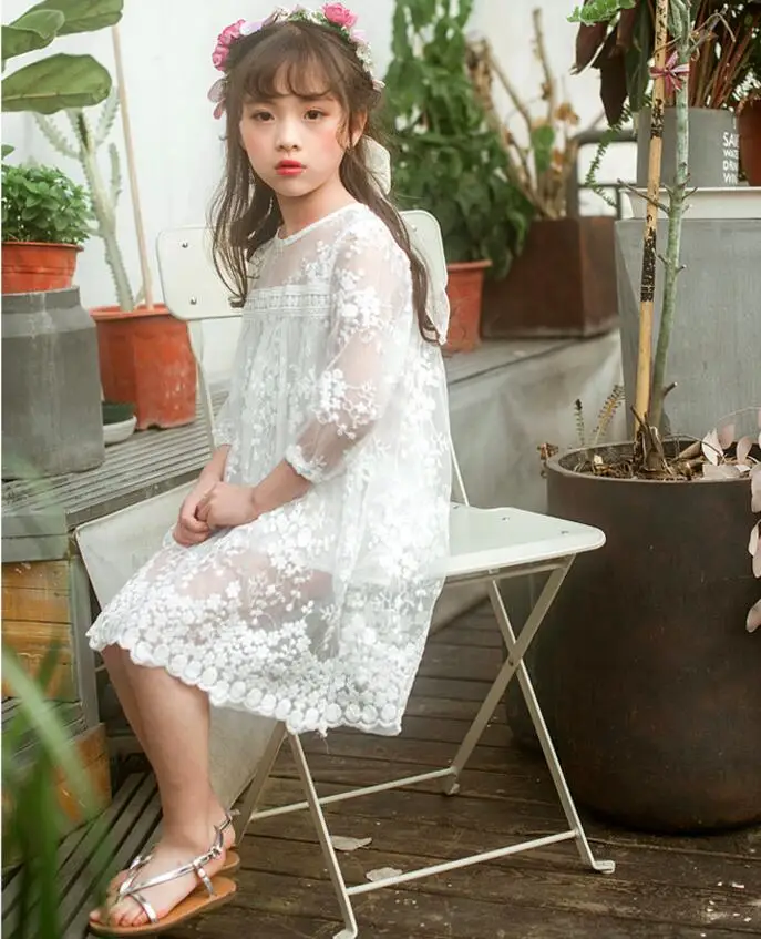 2018 кружевной вышивкой летние платья принцессы для девочек Модное детское белое