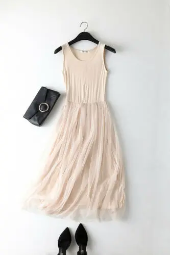 

Fashion Women Spring Summer Patchwork Mesh Party Dress Gauze Tank Dress Sundress