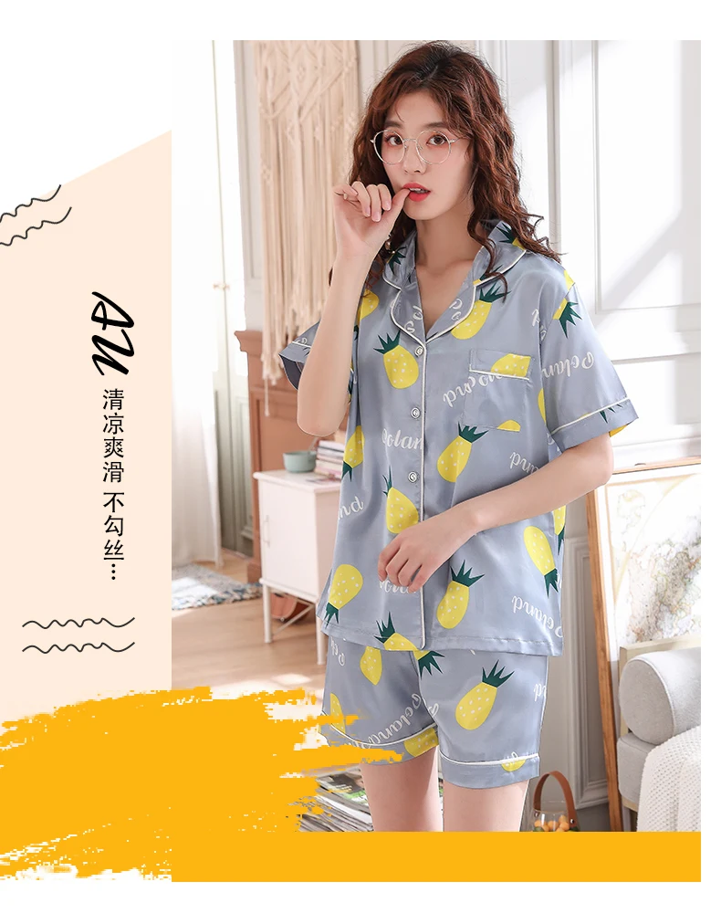 Пижамный комплект с пуговицами для сна, Сексуальная атласная пижама, женская летняя Пижама, женская модная Пижама с фруктовым ананасом