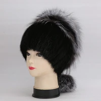 real mink fur and fluffy natural silver fox fur with rabbit fur decorative ring around warm winter cap for women ear warm hat