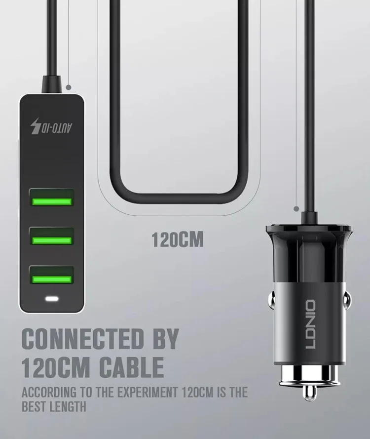 LDNIO, 4 USB, быстрое автомобильное зарядное устройство для iPhone, iPad, samsung, планшета, зарядное устройство для мобильного телефона, 5 В, 5,5 А, автомобильное USB зарядное устройство, кабель 1,2 м