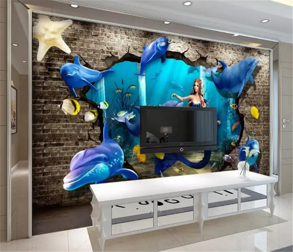 Custom Any Size 3d Wallpape Underwater World Dolphin Turtle Mermaid 3D Through the Wall TV Background Decoration Wallpaper | Обустройство