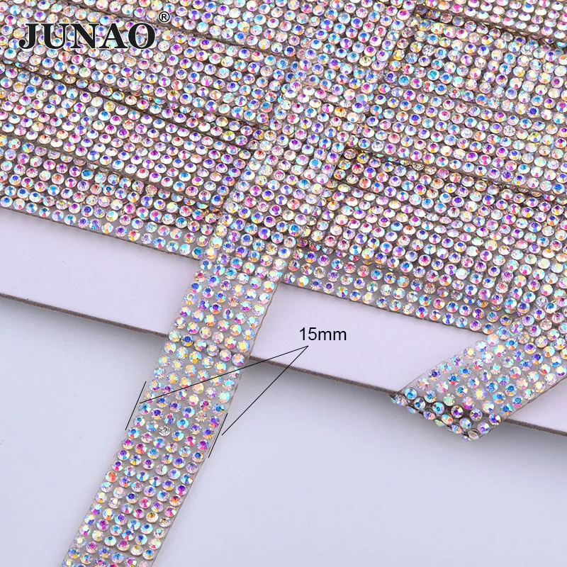 

JUNAO 5Yard Crystal AB Rhinestones Fabric Trim Hotfix Strass Applique Chain Glass Stones Belt Mesh For Clothes Bags Decoration