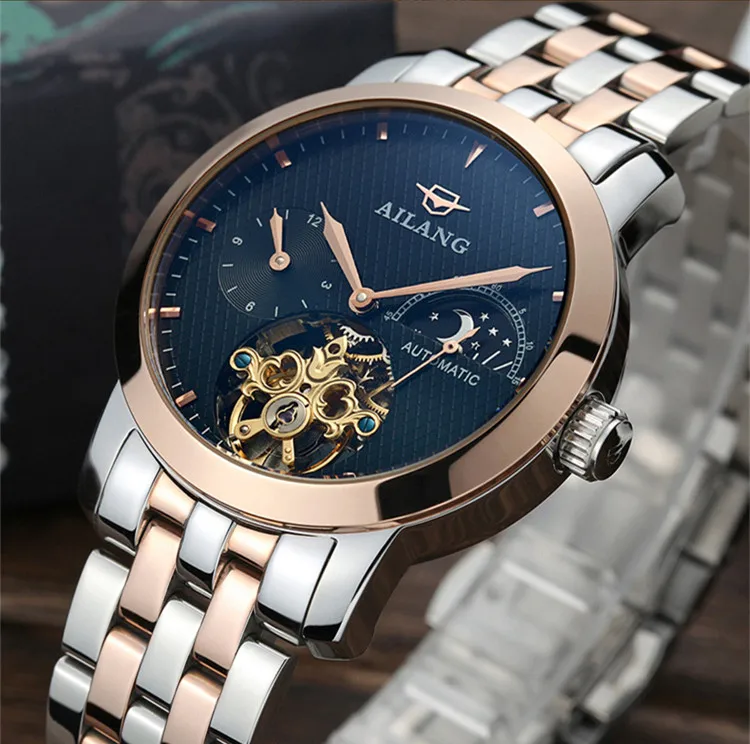 

Luxury AILANG Brand Men Tourbillon Automatic Watches Self-wind Moon Phase Businessmen Dress Wrist watch Full Steel Relojes W070