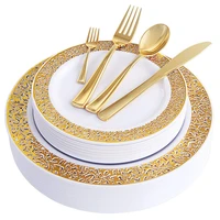 150pcs gold plastic plates with disposable plastic silverwarelace design wedding party plastic tableware sets for all holidays