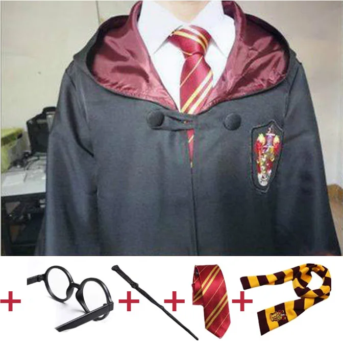 Gryffindor full set Косплэй костюмы робы накидка с шарфом палочка очки Гриффиндор равенклав, хуфлепуф, накидка факультета Слизерин Харрис костюм - Цвет: Gryffindor full set