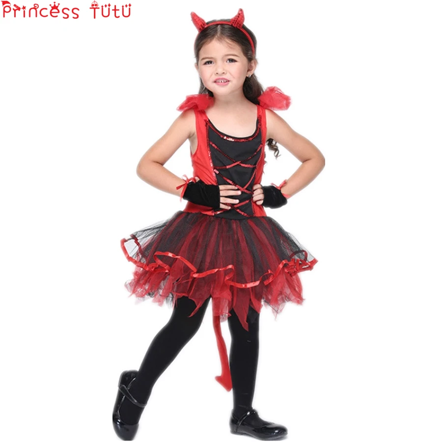 PRINCESS TUTU Fancy Devil Cat Costume Set Girls Halloween for Kids Cosplay Party Dress Clothes Vestidos KC006 | Детская одежда и