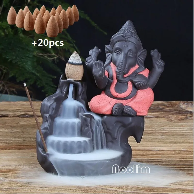 Red A -Sandalwood NOOLIM Ganesha горелка для благовоний с обратным потоком слон Бог эмблема благоприятный и успех керамическая конусная кадильница домашний декор с 20 шт. конусами - Цвет: Red A -Sandalwood