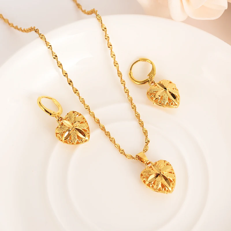 Fashion Gold Dubai Romantic Heart love Pendant Necklace Earrings Sets Wedding gold PNG Jewelry for women bridal girl gift | Украшения и