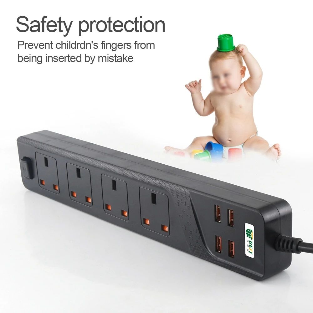 

UK Standard Plug 4 Gang Power Socket 4 Way USB Controlled British Standard Power Extension Socket