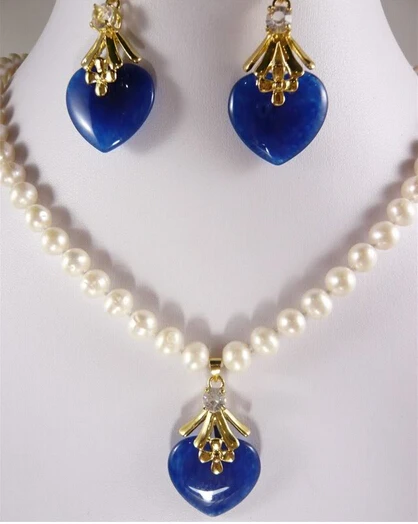 

White Freshwater 7-8MM pearl Blue Jade Pendant necklace earring set