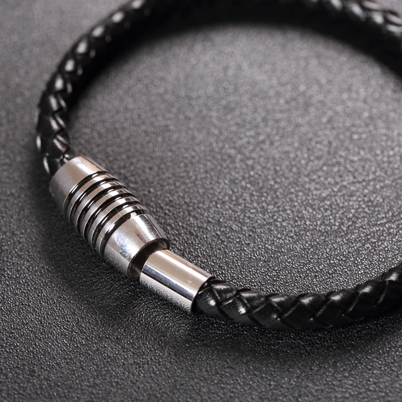 Мужской кожаный браслет с магнитной застежкой из нержавеющей стали|pulseira