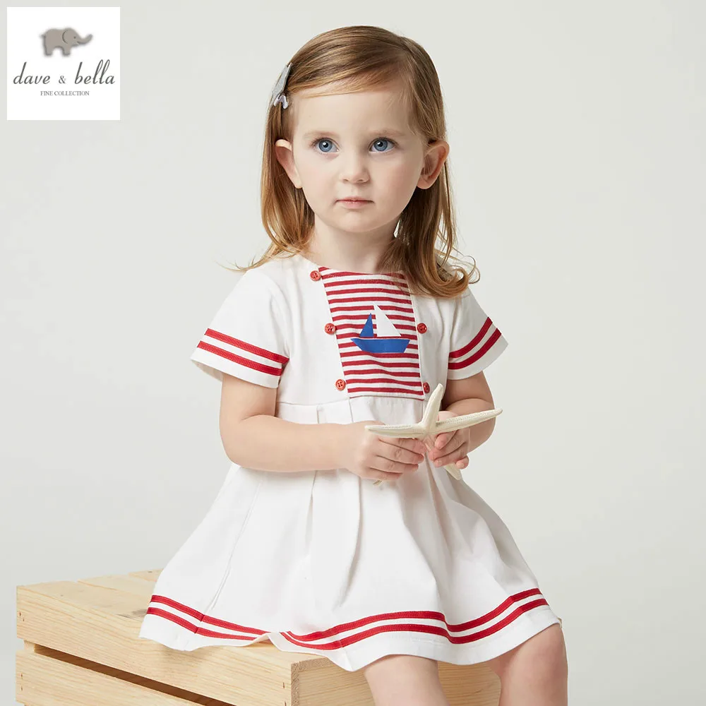 DB4895 dave bella summer baby girls white dress sailboat printed sweet kids toddle preppy style costumes | Детская одежда и обувь