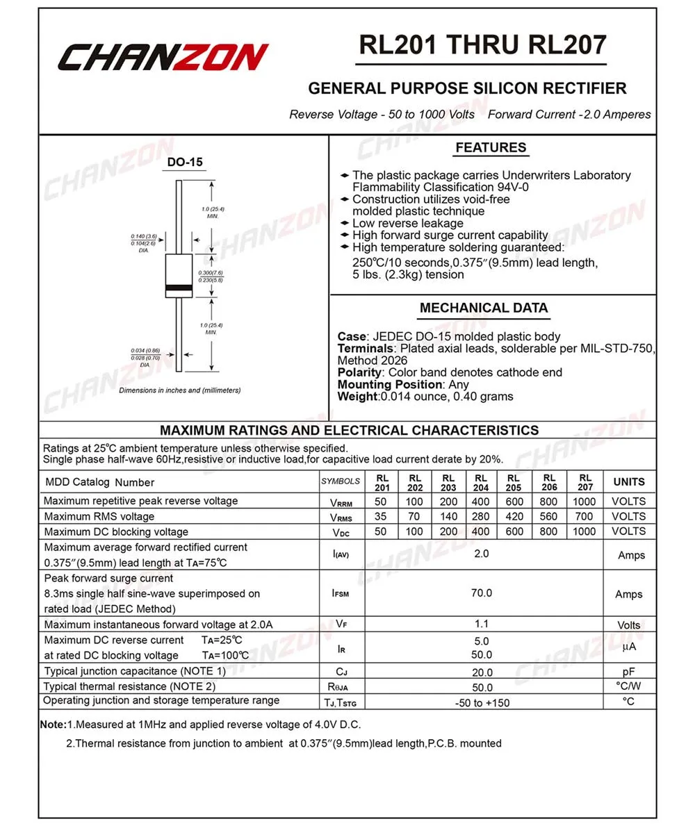100 шт. RL207 выпрямительный диод 2A 1000 В DO-15 (DO-204AC) осевой 2 ампер Вольт электронный