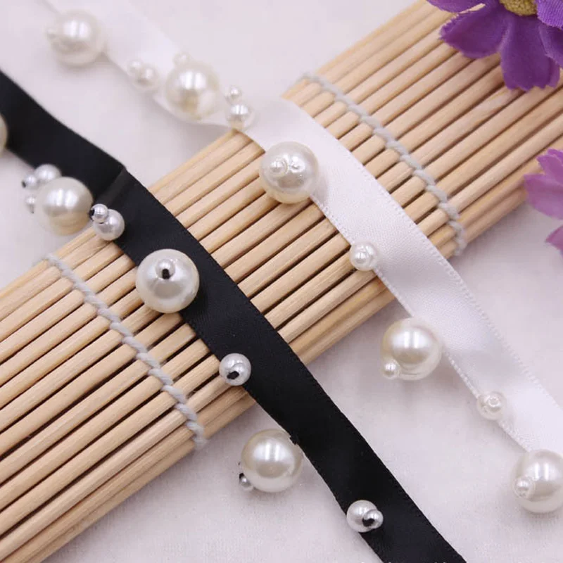 

10yards White Black Ribbon Pearl Beaded Lace Trim Costume Wedding Dress Belt Brial Sash Jewelry Design