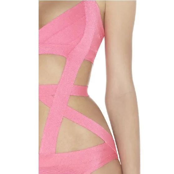 2014 new trendy pink one piece cut out halter bandage swimsuits in the style of Ellie Goulding |