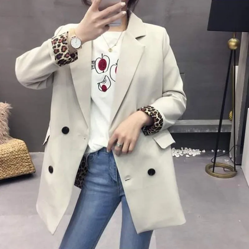 Женский блейзер с леопардовым принтом повседневный свободный черный пиджак