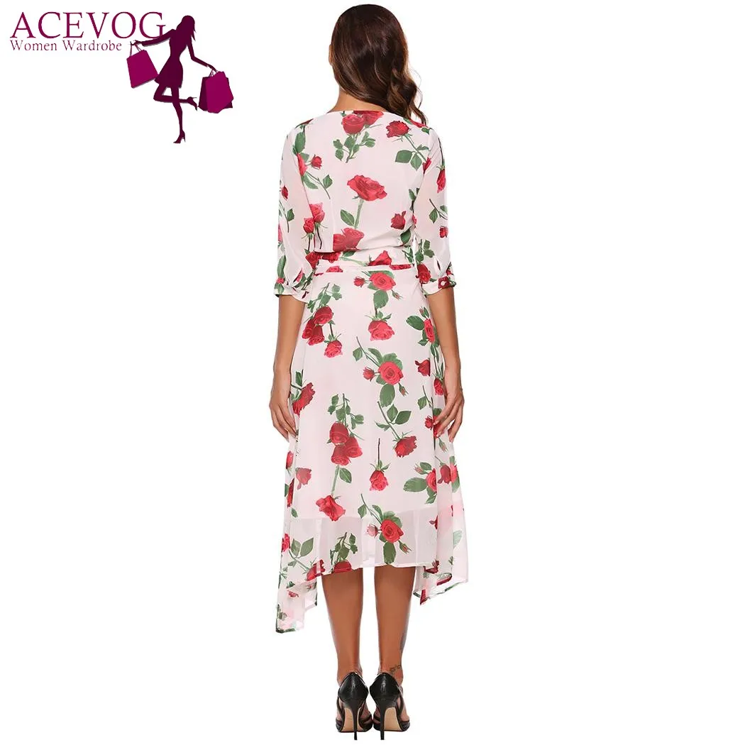 ACEVOG Women Vintage Dress Autumn Fashion V-Neck 3/4 Sleeve High Waist Floral Dresses Feminino Vestidos Femme Robe | Женская одежда