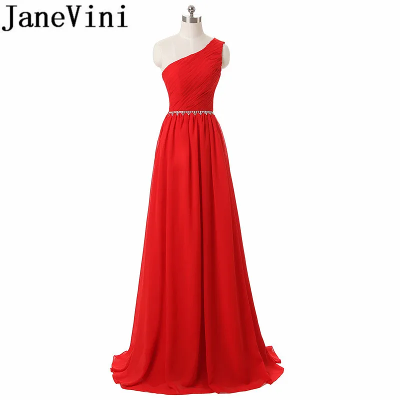 

JaneVini One Shoulder Sexy Beach Chiffon Red Long Bridesmaid Dresses Beads Sash Backless Maid Of Honor Gowns Formal Party Dress