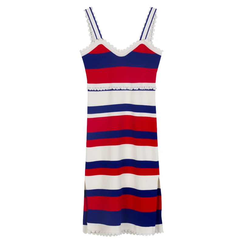 

PERHAPS U Sleeveless Corrugated Edge Knitted Blue Green Patchwork Color Straight Sexy Split Knee Length Dress V Neck D1073