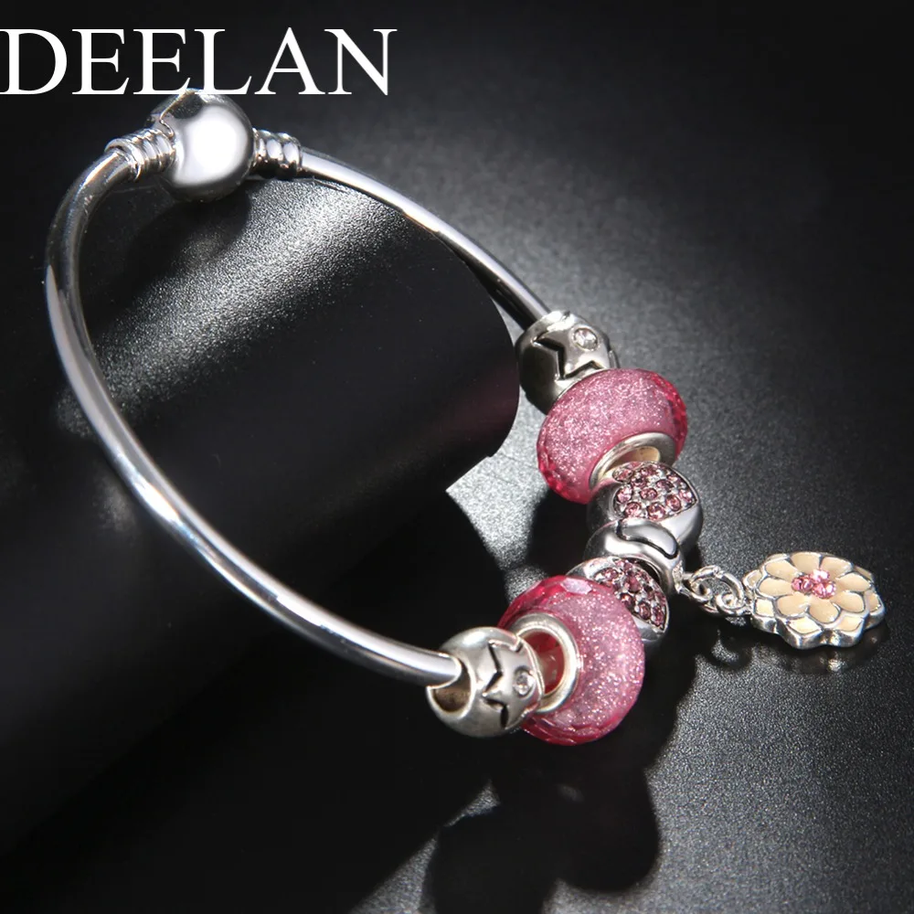 DEELAN fashion Silver Color Charm Bracelets &amp Bangles For Women Trendy Crystal Pink Glass Beads Bracelet jewelry Girl Cute Gift |