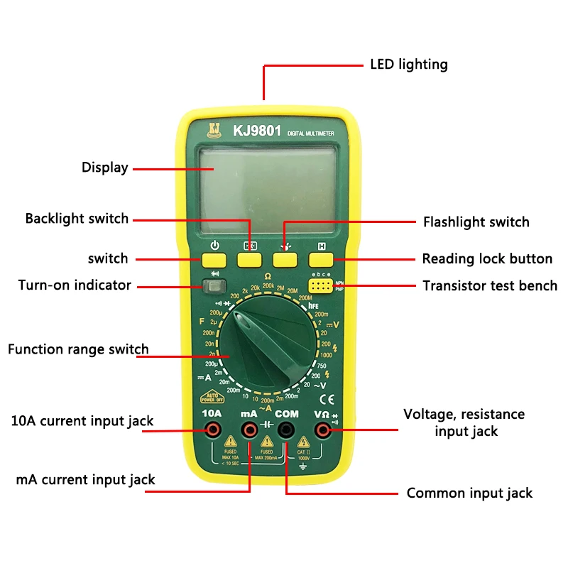 SOIJOT KJ9801 AC DC LCD дисплей Professional электрический ручной тестер Цифровой мультиметр