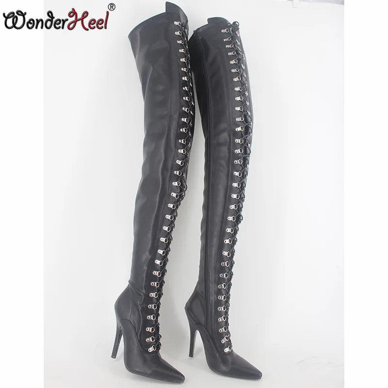 Wonderheel/Экстремально высокий каблук 12 см; на шпильке; высокие сапоги до колена ботинки с узким голенищем; матовая облегающие сапоги на шпильке; Фетиш Высокий каблук на шнуровке сапоги до промежности