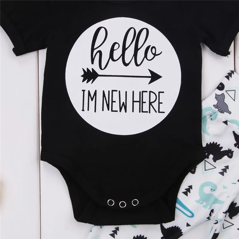 pudcoco Newborn 3PCS Baby kids boy girl clothes set round hello letter Bodysuit + pant dinosaur print outfits clothing sets | Детская